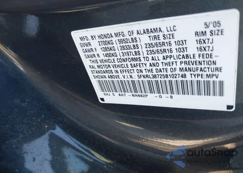 2005 Honda Odyssey Ex-L из США, поврежденный, VIN 5FNRL38725B102748